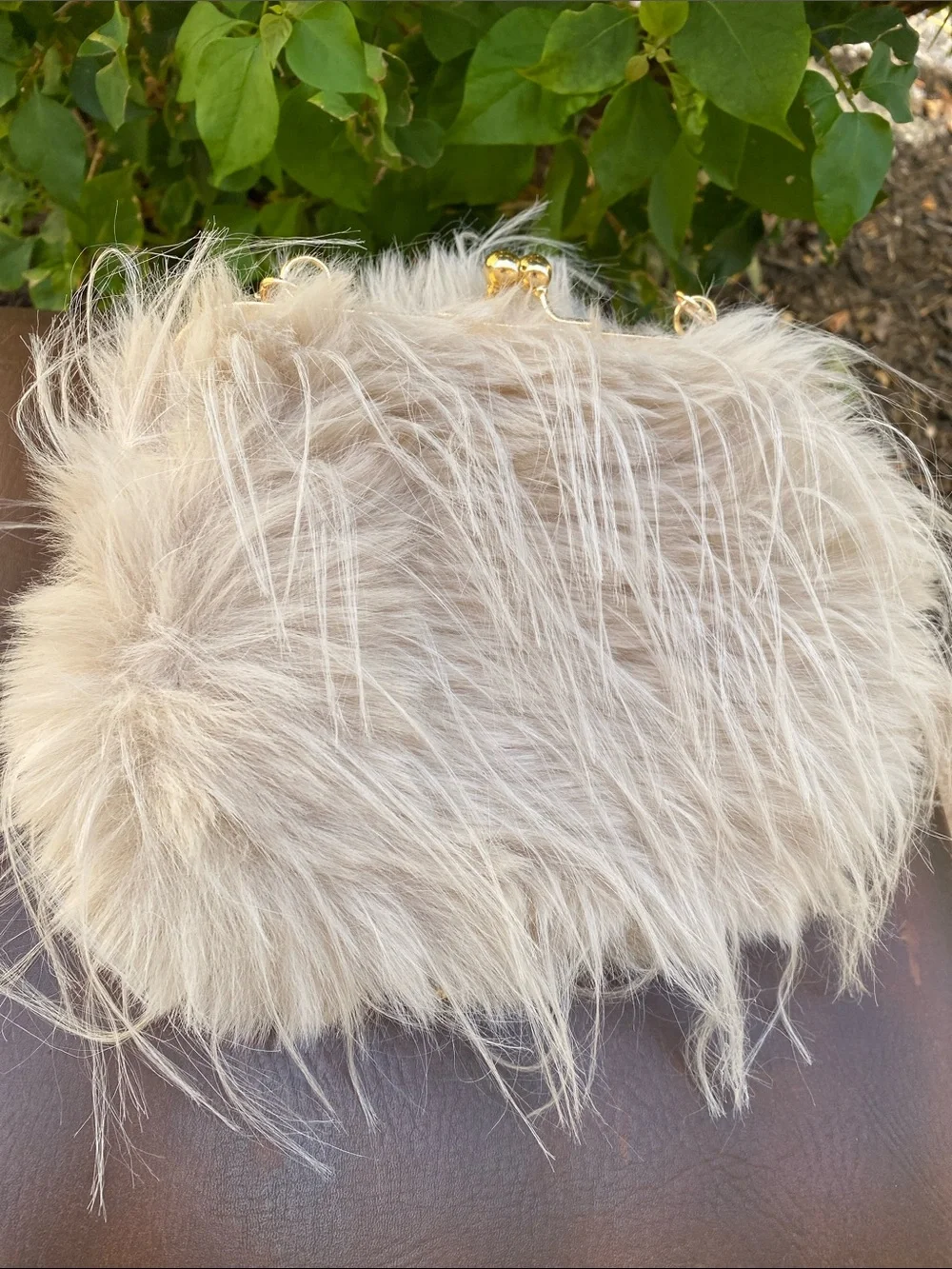Faux Fur Beige Evening Clutch with Gold Chain